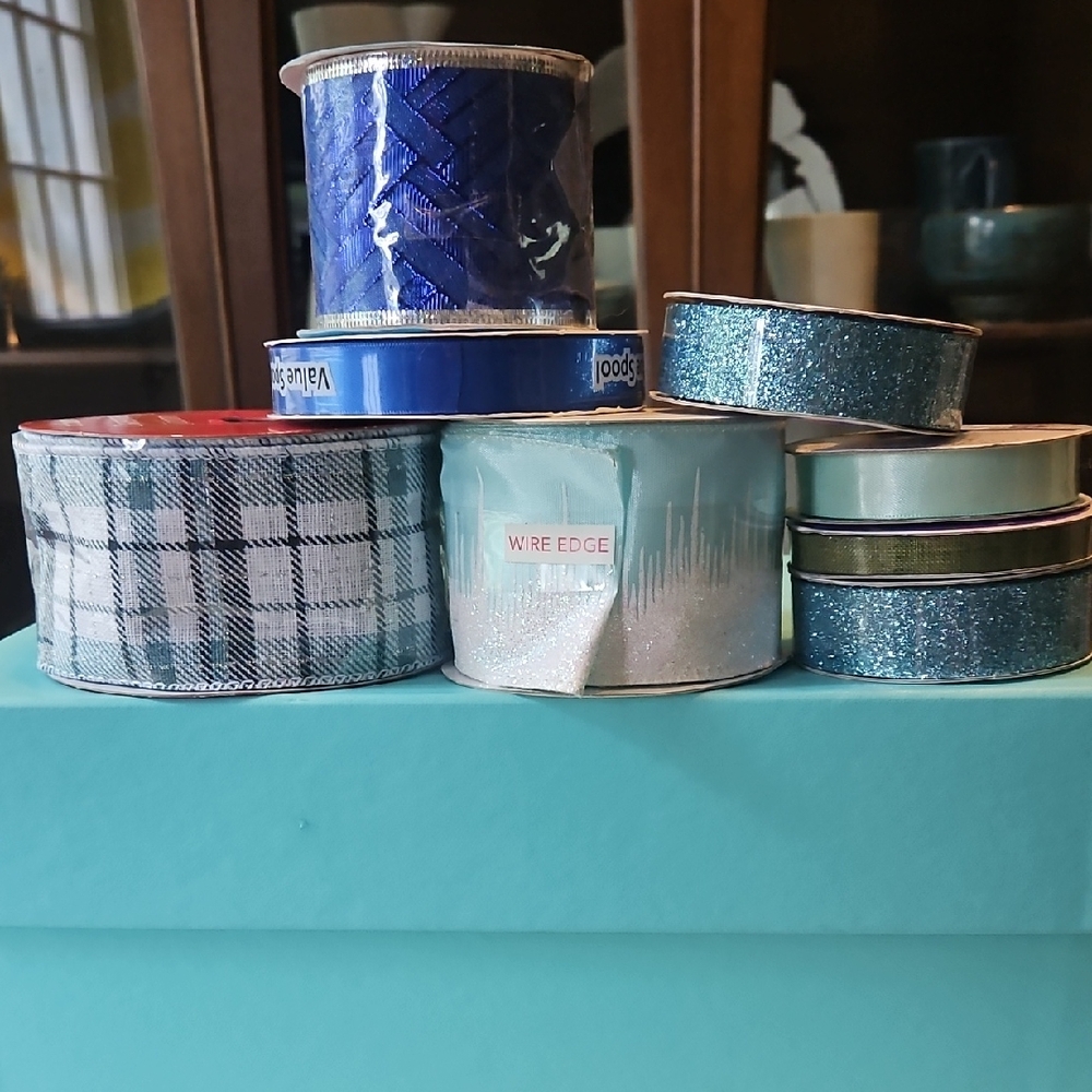 ALL SALES PERM END 12/30 7 Rolls of Ribbon in Plaid, Green, Blue and White